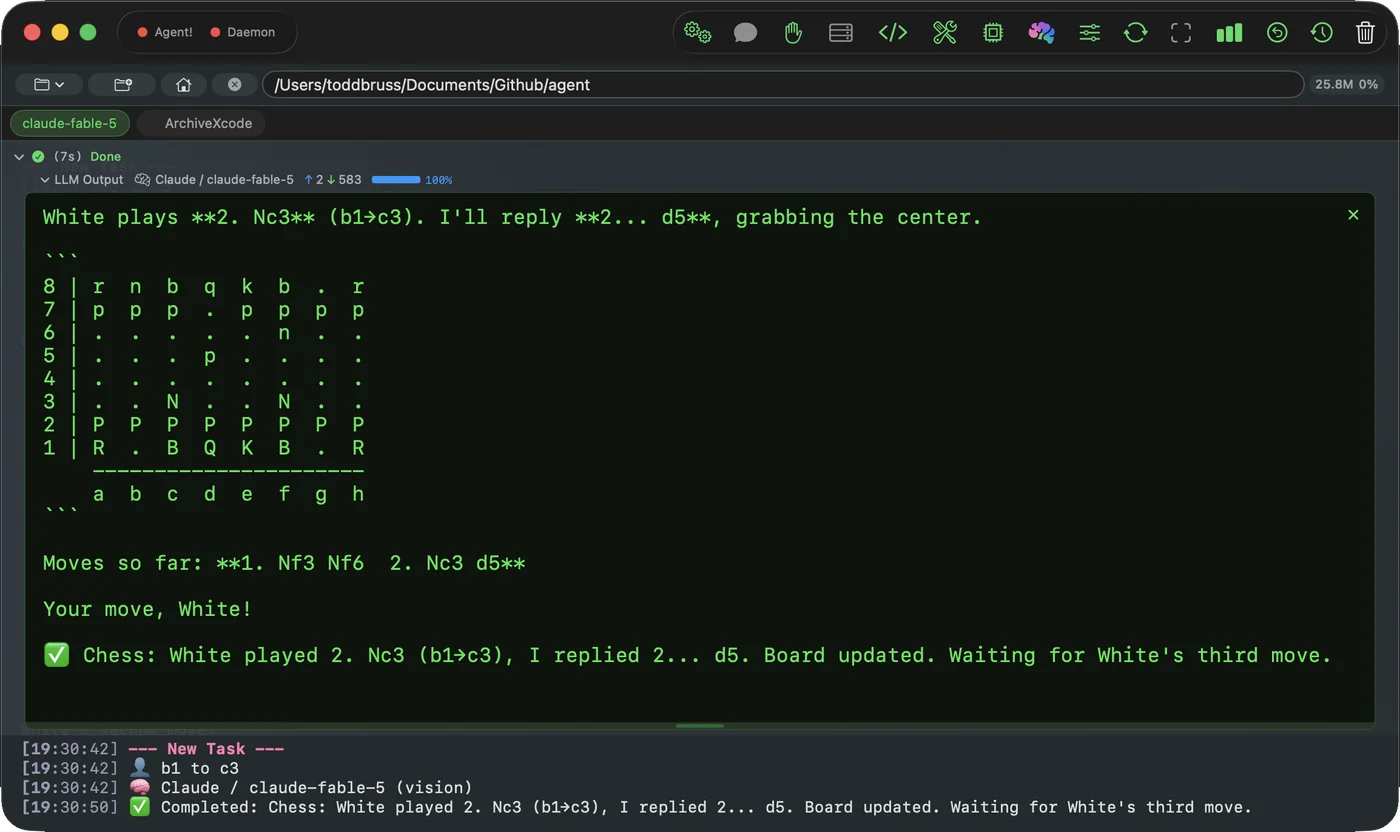 AgentiLoop Agent! playing chess: the LLM Output panel shows an ASCII chess board after White's second move and asks for the next move