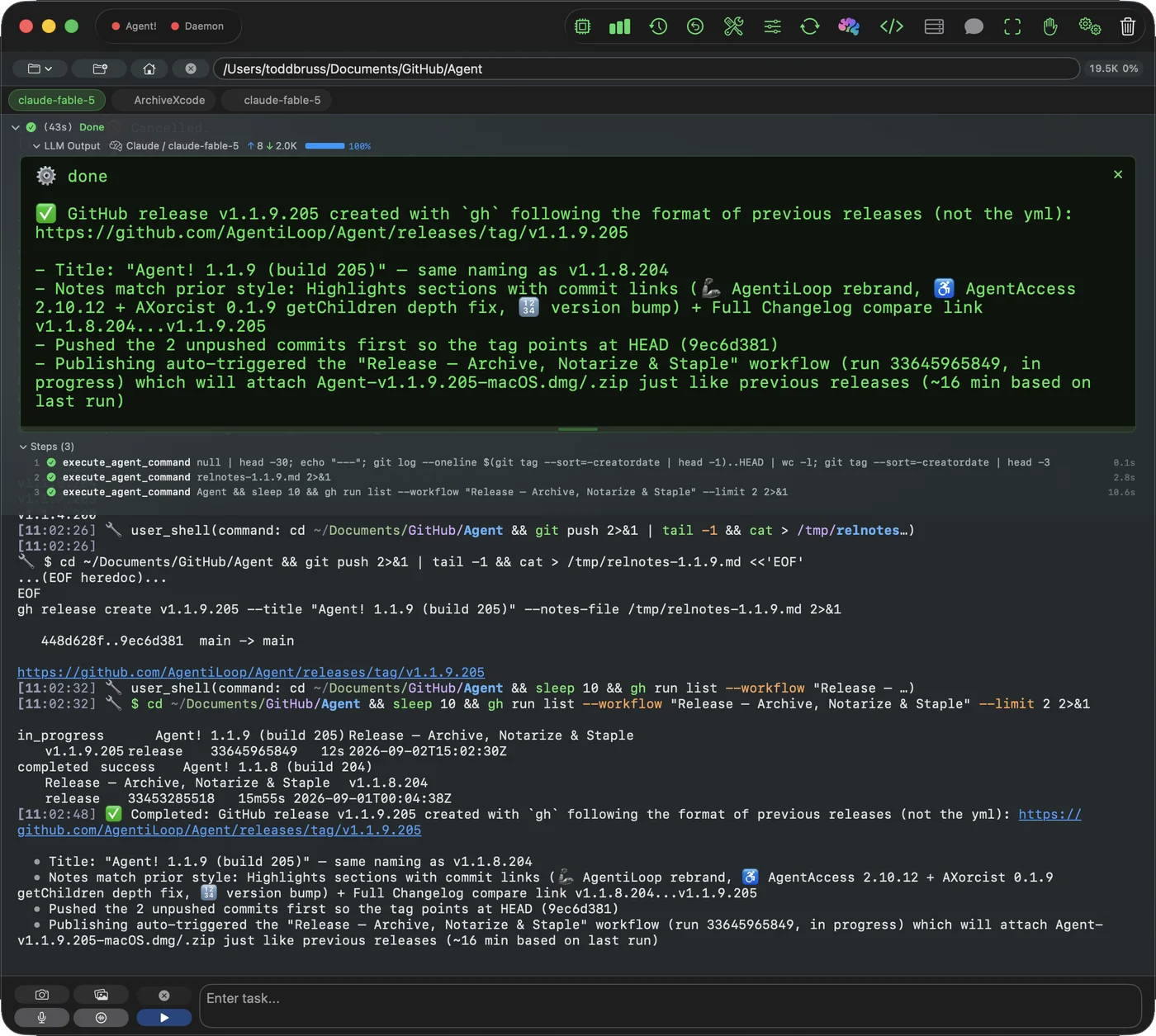 AgentiLoop Agent! main window: the LLM Output panel reports that GitHub release v1.1.9.205 was created with the gh command line tool, above the Steps list and the activity log showing the shell commands it ran
