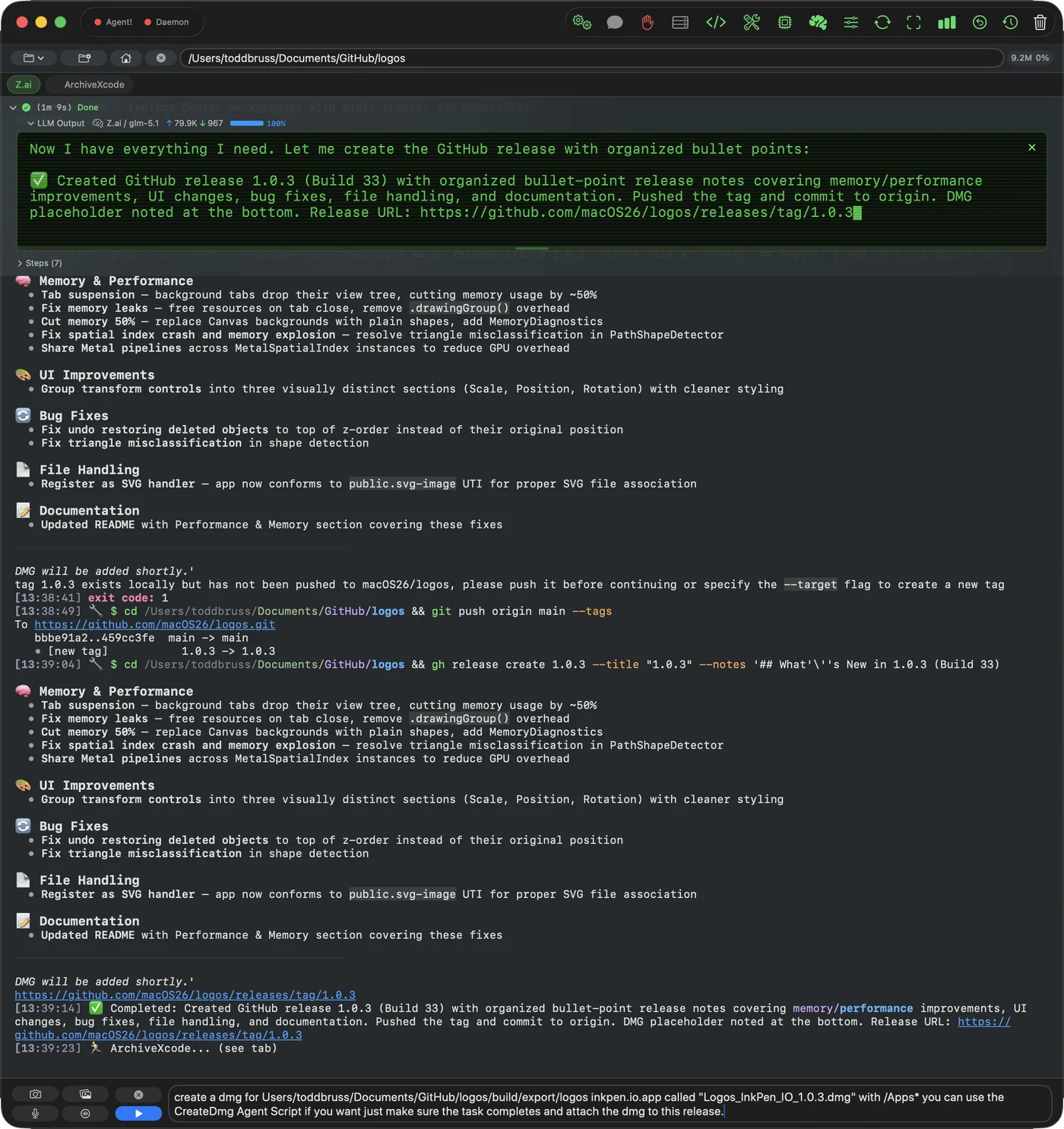 AgentiLoop Agent! creating a GitHub release for another project, with emoji section headers and bullet lists rendered in the activity log and the next task typed into the input field